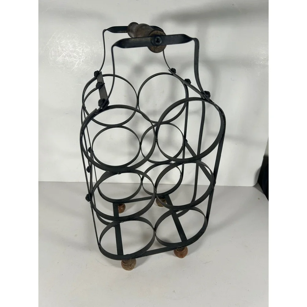 Vintage Wrought Iron 6 Bottle Wine Rack Carrier Wood Handle Rustic Farmhouse